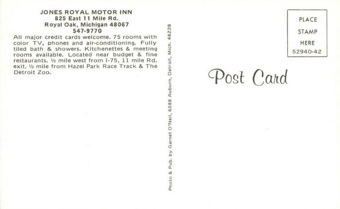Hotel Royal Oak (Jones Motel, Jones Royal Motor Inn) - Vintage Postcard Back (newer photo)